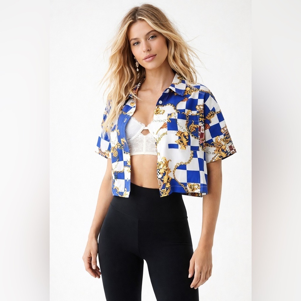 Forever 21 Multicolour Printed Rayon Crop Shirt, size medium.